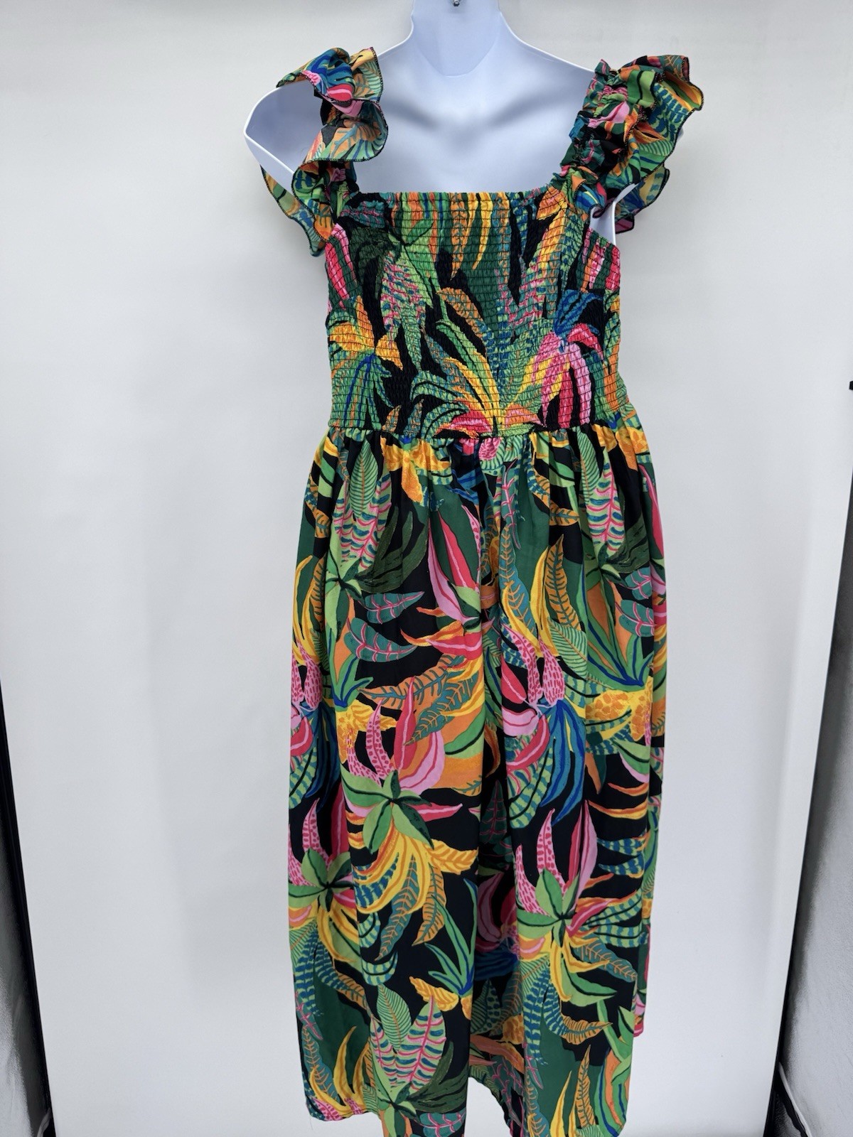 Multicolor Smocked Ruffle Maxi Dress Tropical Beach Vacation resort ptp 26in 2X