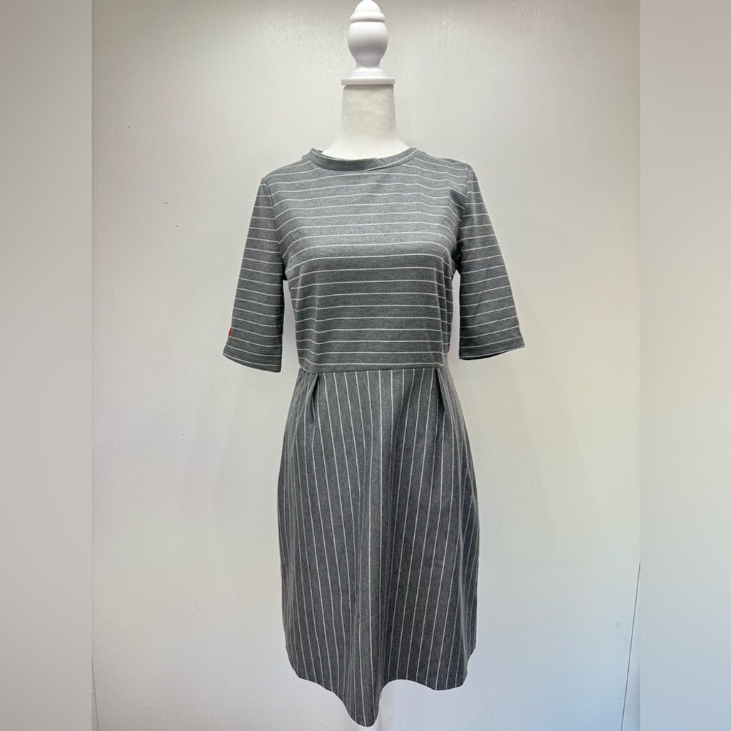 Sugarhill Boutique Gray Dress Ivory Pinstripes Embroidered Hearts ModCloth NEW