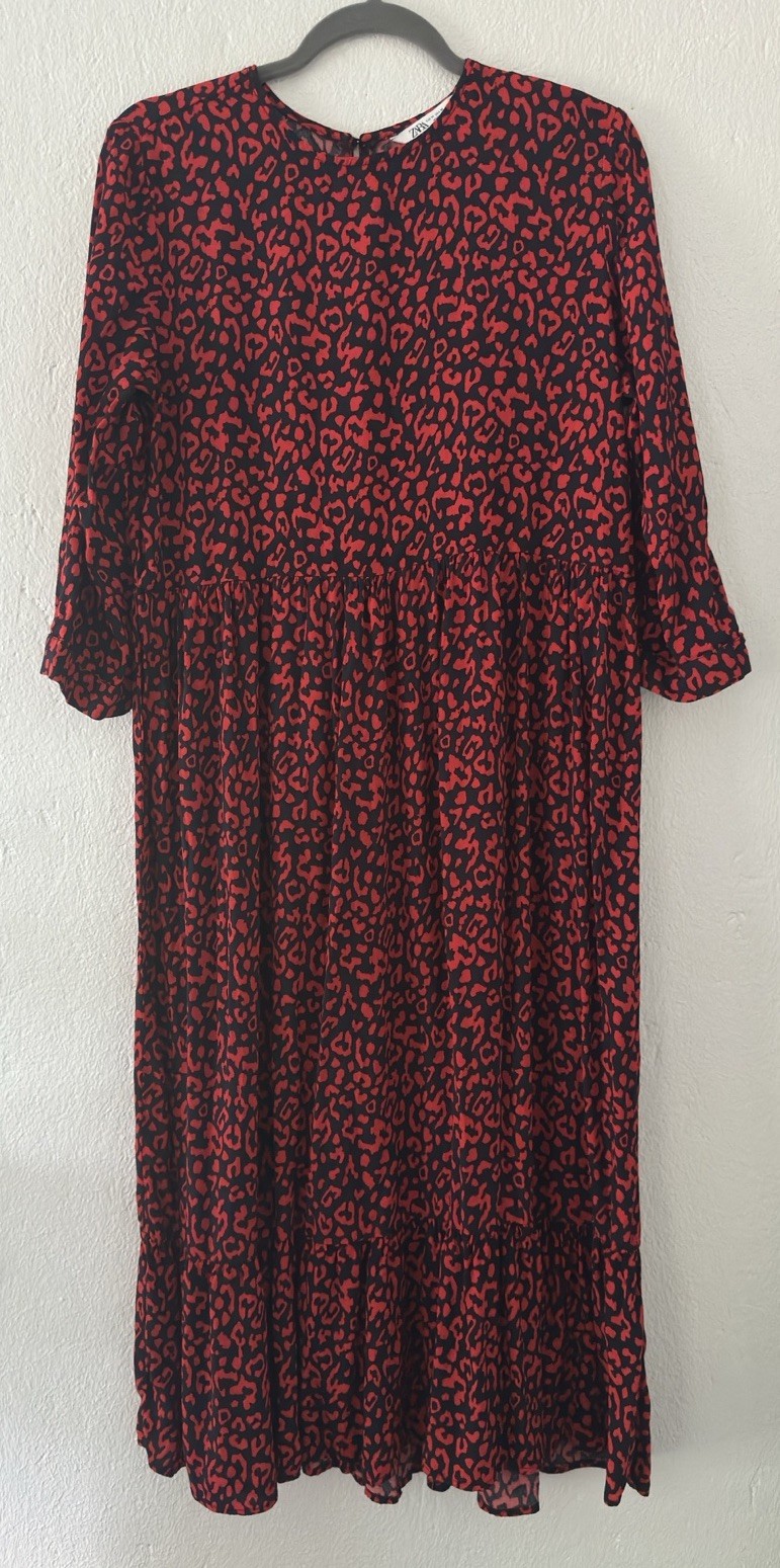 Zara Midi to Maxi Dress Red Blue All Over Print Tiered Long Sleeve Dress Sz Med