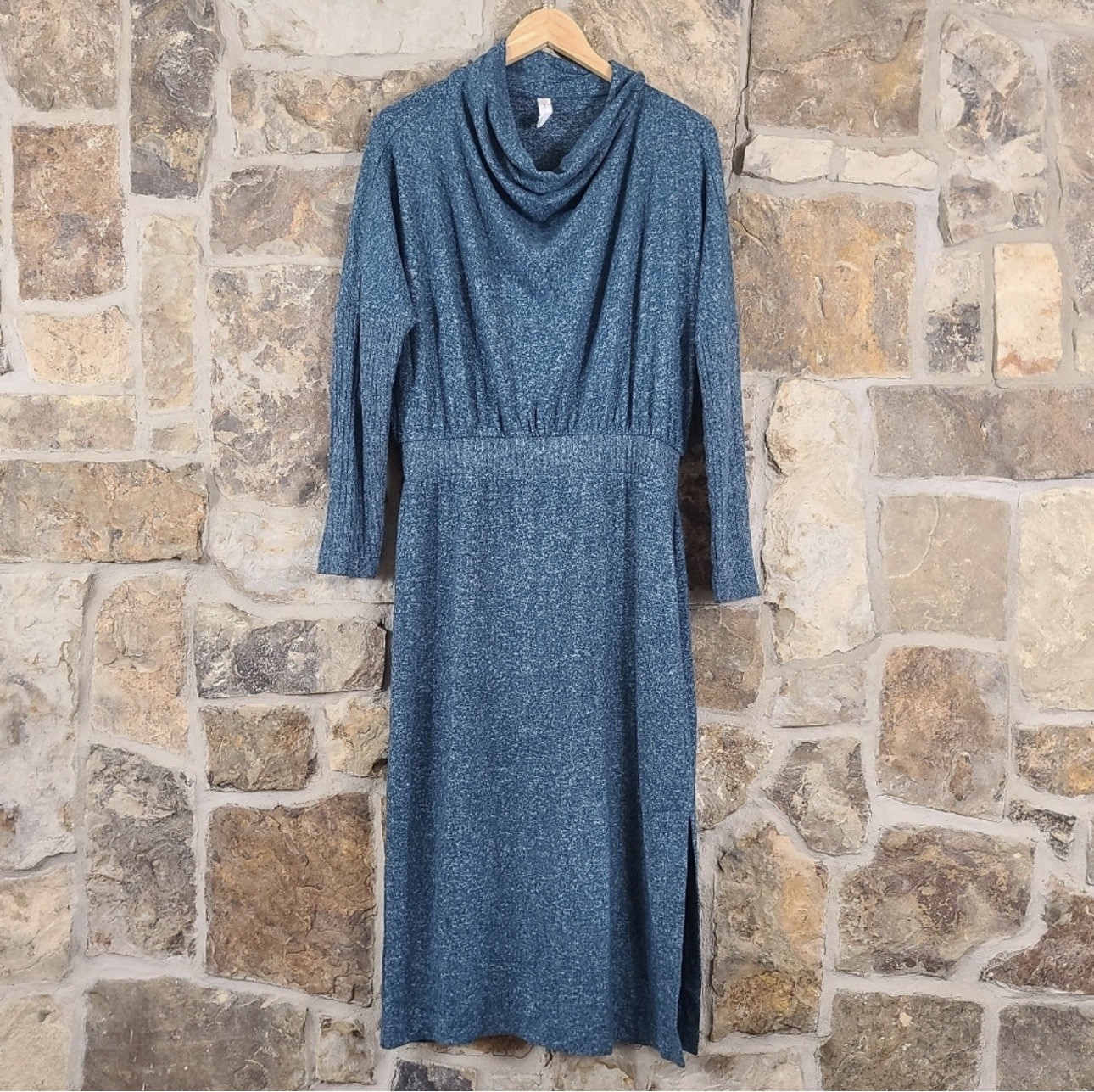 Daily Practice by Anthropologie Blue Heathered Cowl Neck Midi Knit Dress Large