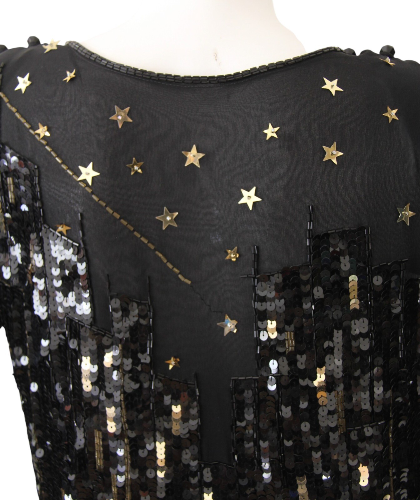 Vintage Tadashi Dress Sequin Beaded Silk Skyline Star Applique Gown Size 8 RARE