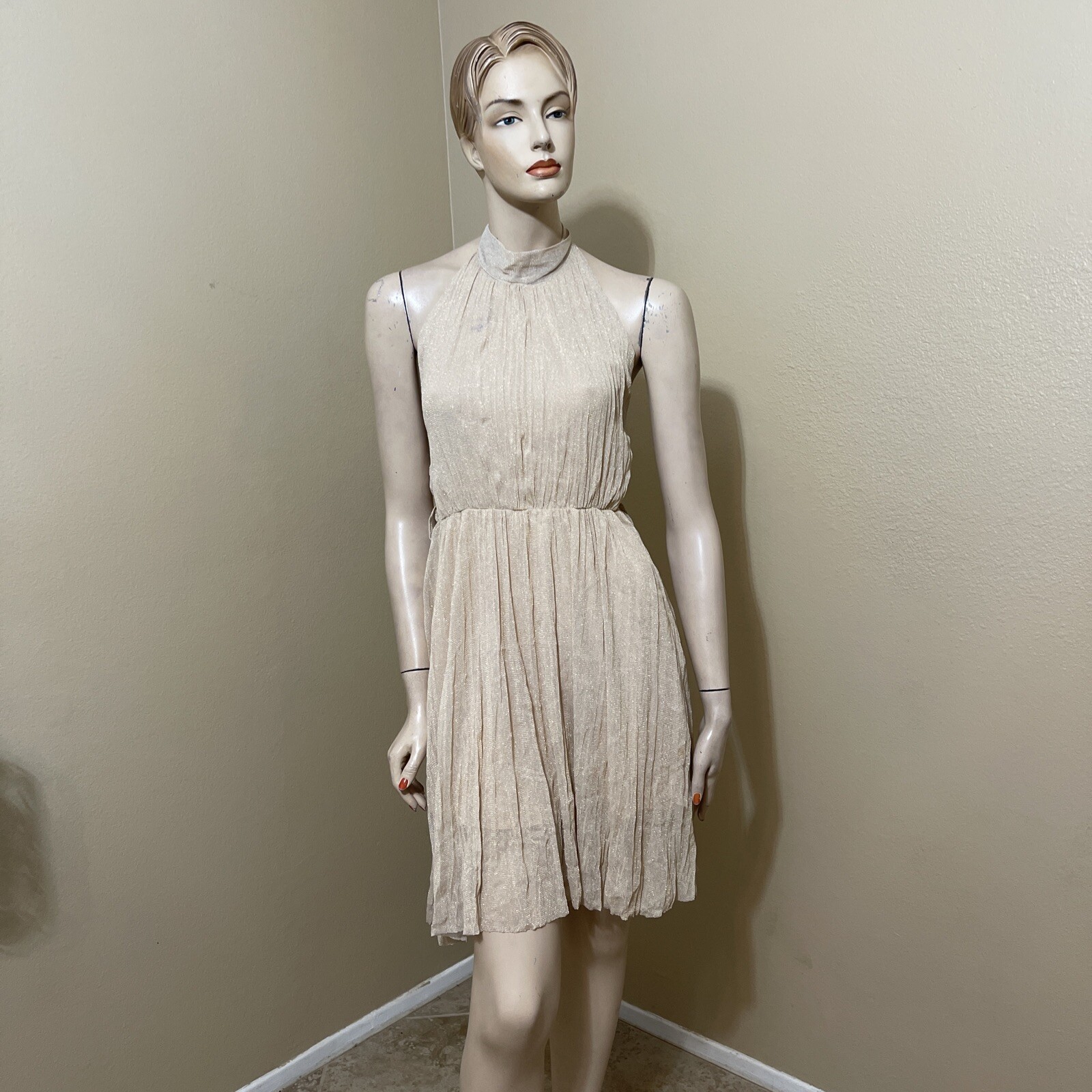 Women’s Beige Polyester Cocktail Layered Pleated Open On Tie Midi Size S Dress