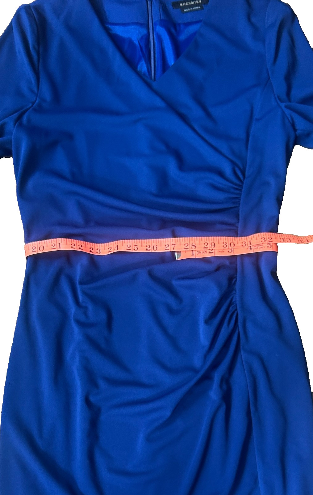 Shesmiss Blue Long Sleeve Polyester V-Neck Ruched Dress Made In Korea, Sz 4 -EUC