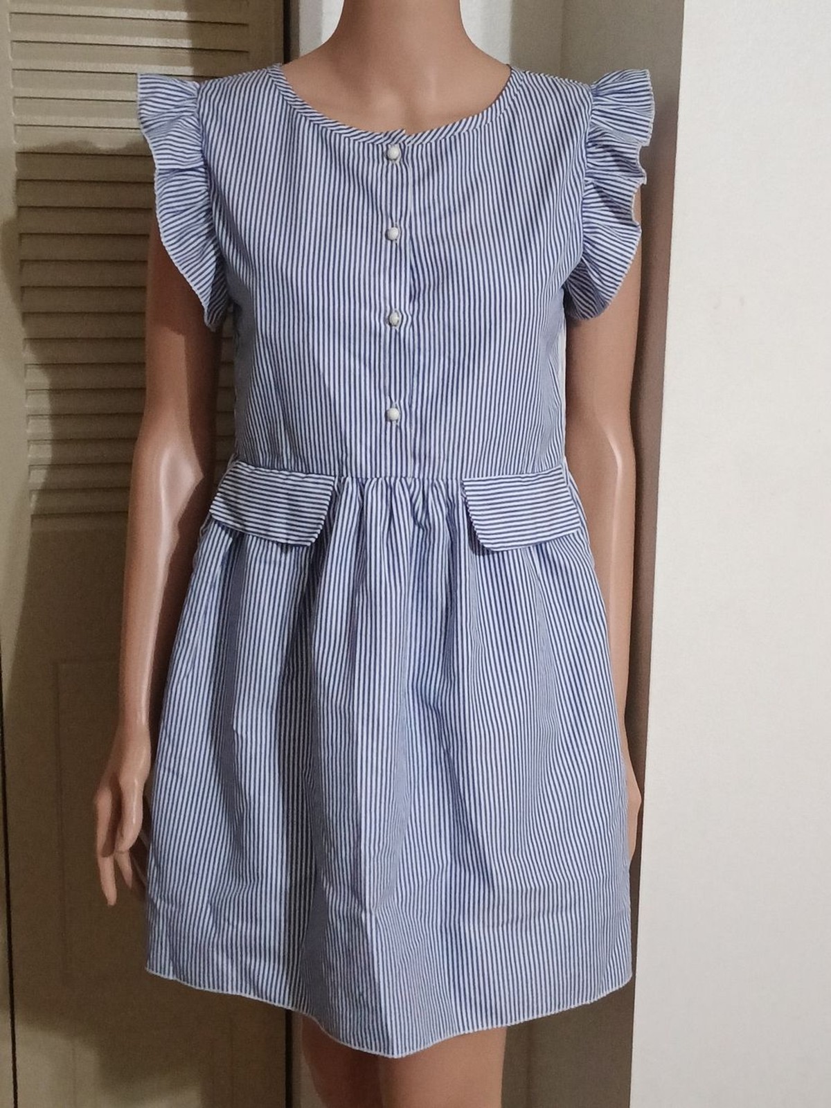 Women’s Blue & White Striped Midi Dress with Ruffle Sleeves