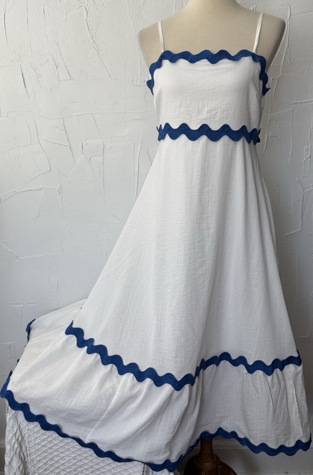 Fashion Maxi Sundress (S) Blue Zigzag Trim White Stretch Adjusting Straps Lined