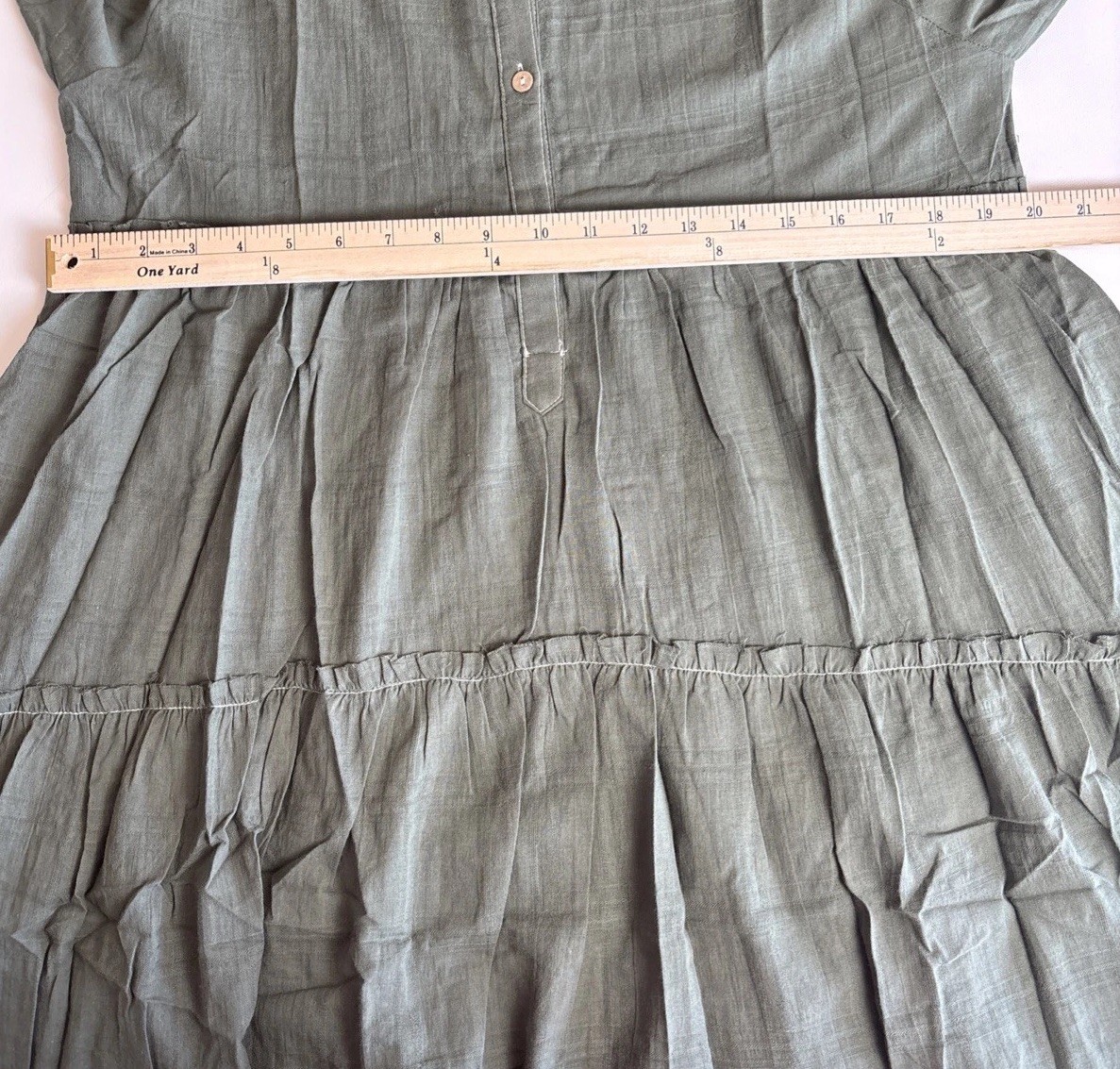 Promesa Olive Green Tiered Babydoll Mini Dress Long Sleeve Contrast Stitch M