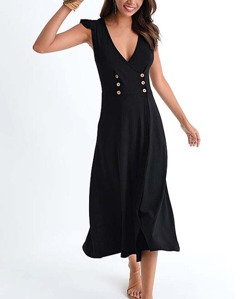 Black Split-Front Cap-Sleeve Midi Dress Size L