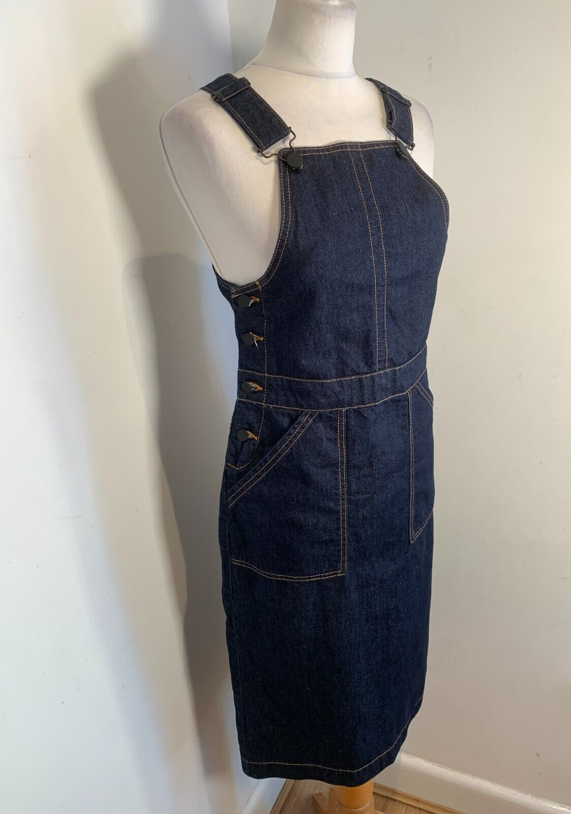 HUSH indigo denim pinafore dungaree dress UK 6 VGC cotton classic midi