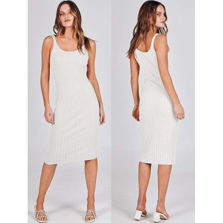 ANRABESS Women Off White Ribbed Knit Scoop Neck Sleeveless Midi Bodycon Dress S