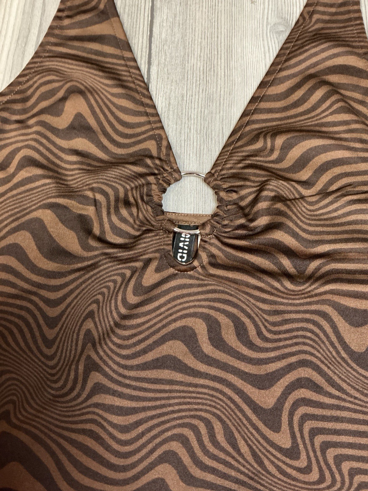 Y2K Brown Swirl Print Halter Mini Dress O-Ring Keyhole Bodycon Backless Club