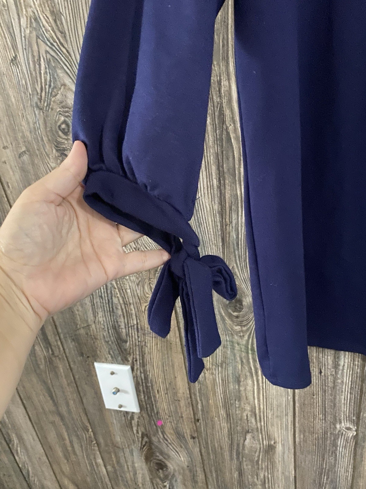 Wishful Park Navy Solid Shift Dress Round Neck Long Tie Sleeve Short L