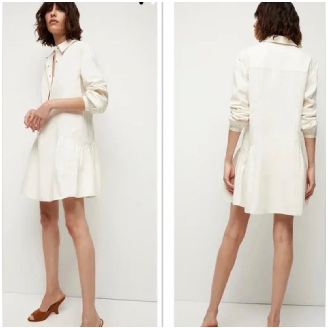 Veronica Beard Ivory Long Sleeve Drop Waist Shirt Dress