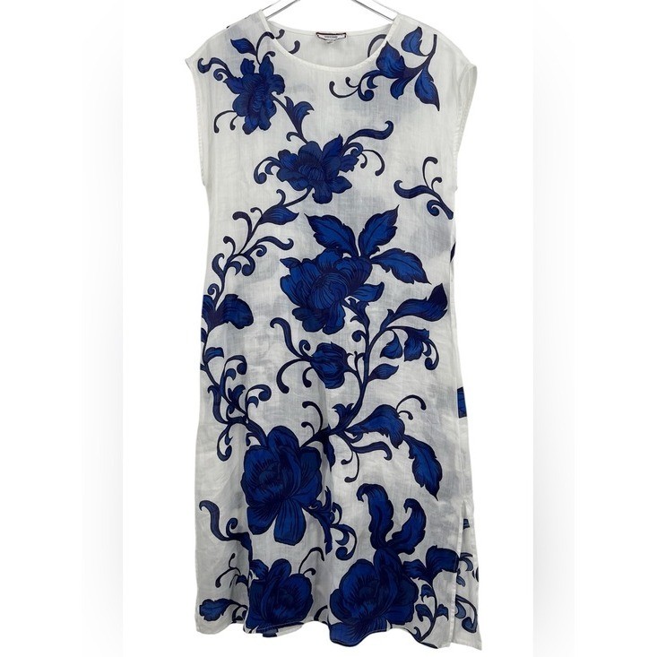 Johnny Was Workshop Blue Floral Ramie Maxi Dress Boho Resort Size M EUC