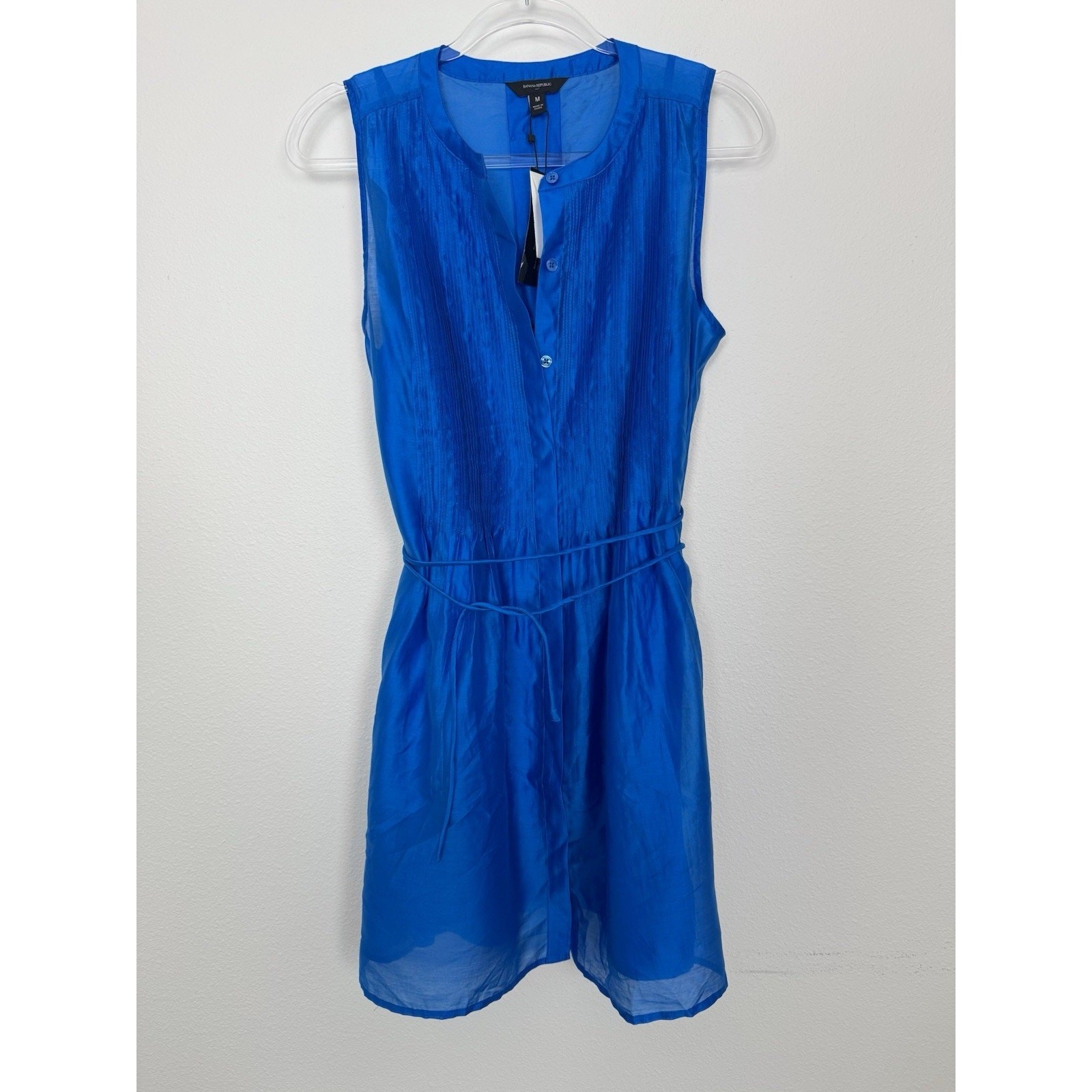 Banana Republic Blue Organza Dress Women’s Medium Pintuck Sleeveless Modest $120