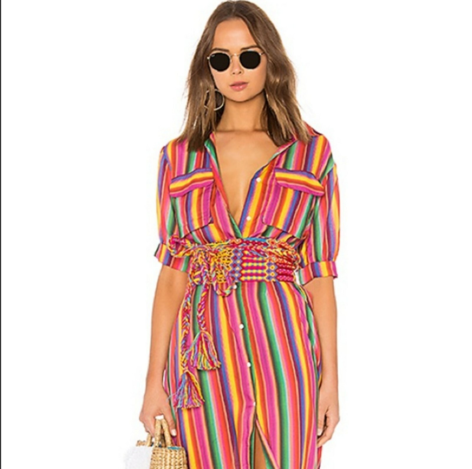 All Things Mochi Rainbow Stripe Leilani Maxi Button Up Shirt Dress XS *no belt*
