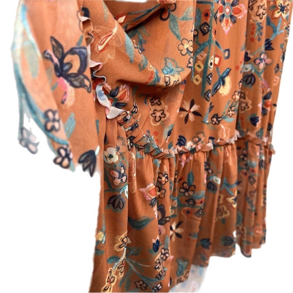 Canyon Retreat Mesh Cottagecore Modest Flutter Sleeve Dress Copper XL Floral