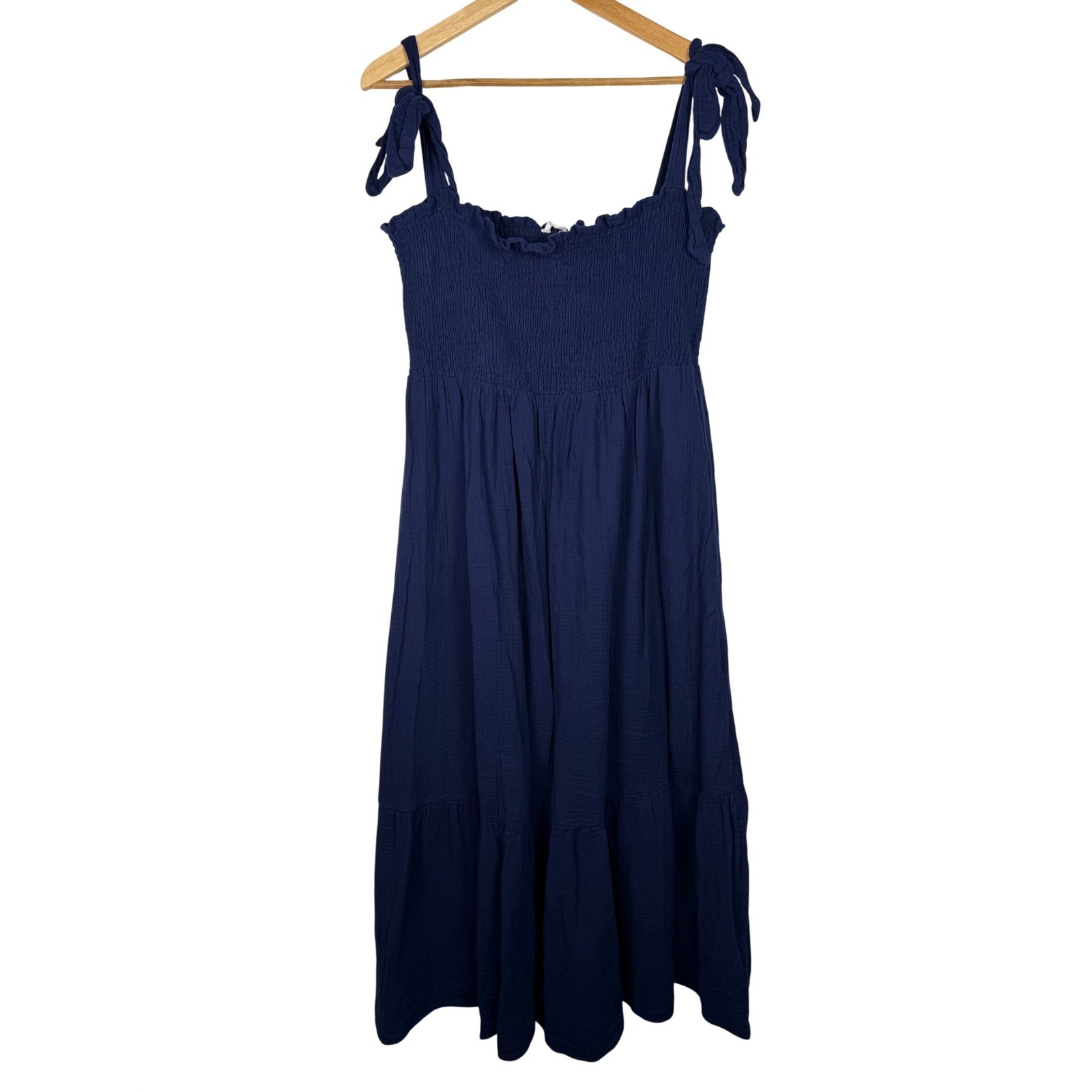 Caslon Smocked Tie Strap Cotton Gauze Midi Sundress Women 1X Blue Boho Tiered
