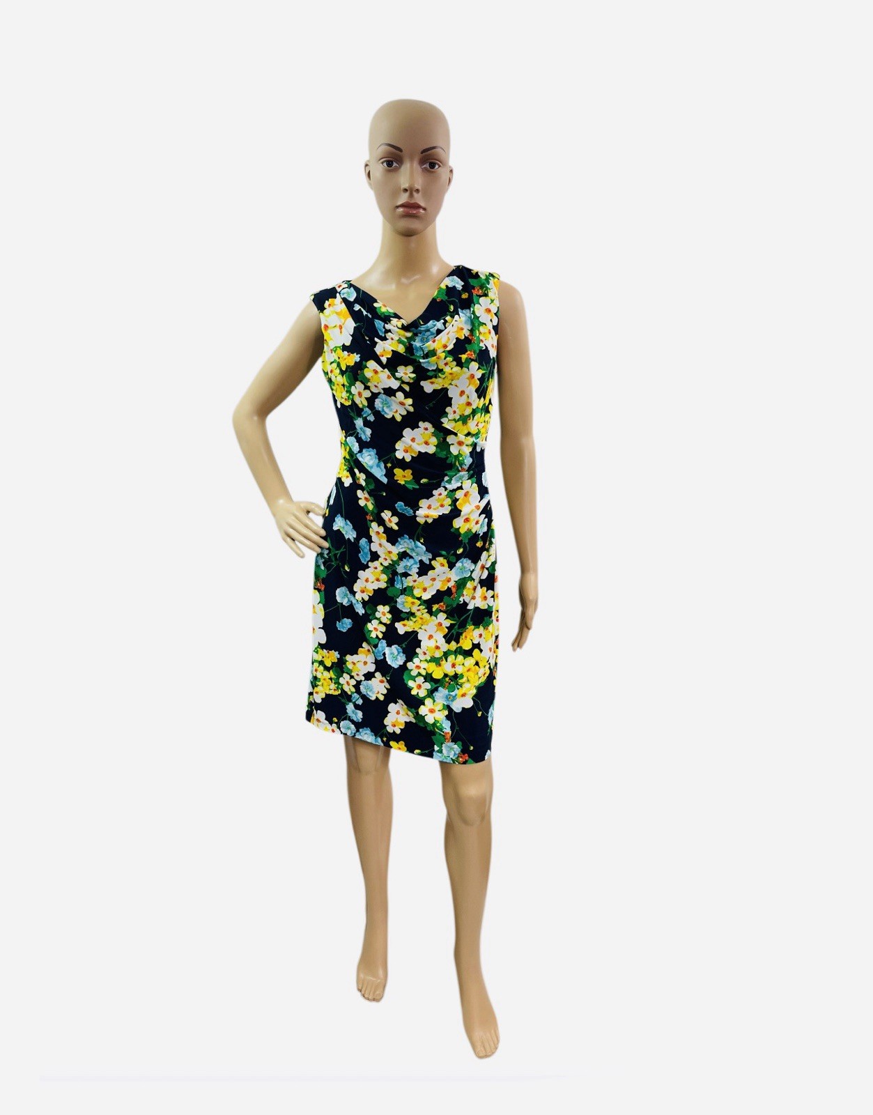American Living Women’s Size 4 Navy Yellow Floral Ruched Sheath Dress
