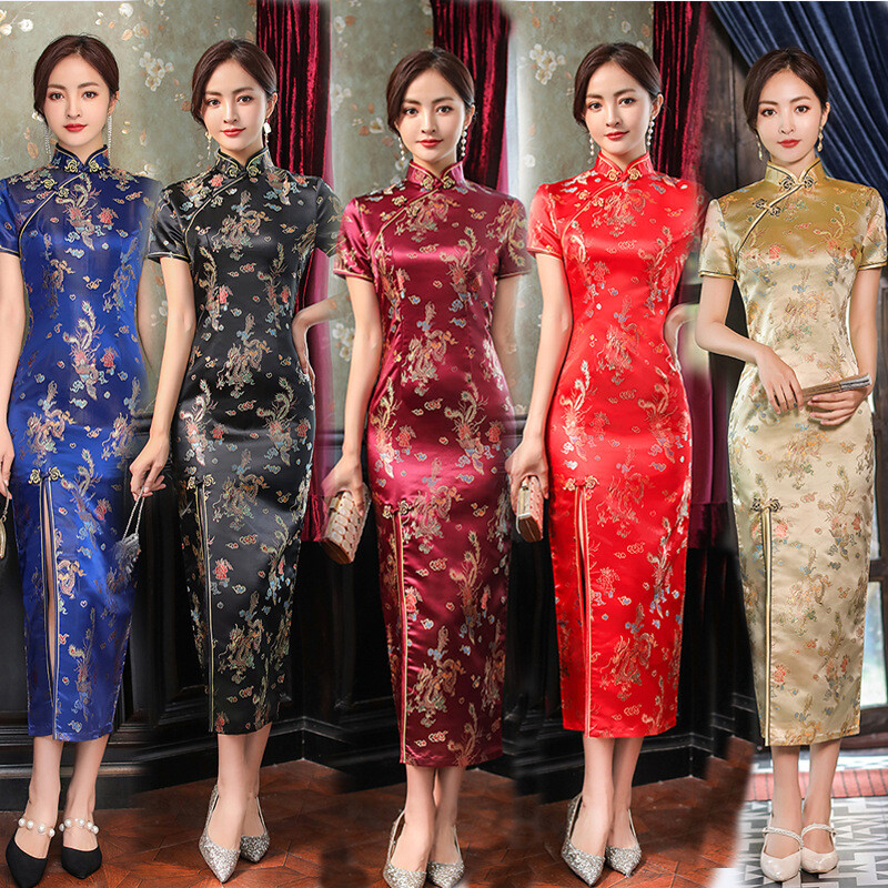 Women Silk Satin Dress Evening Party Gown Summer Cheongsam Chinese Size S-4XL