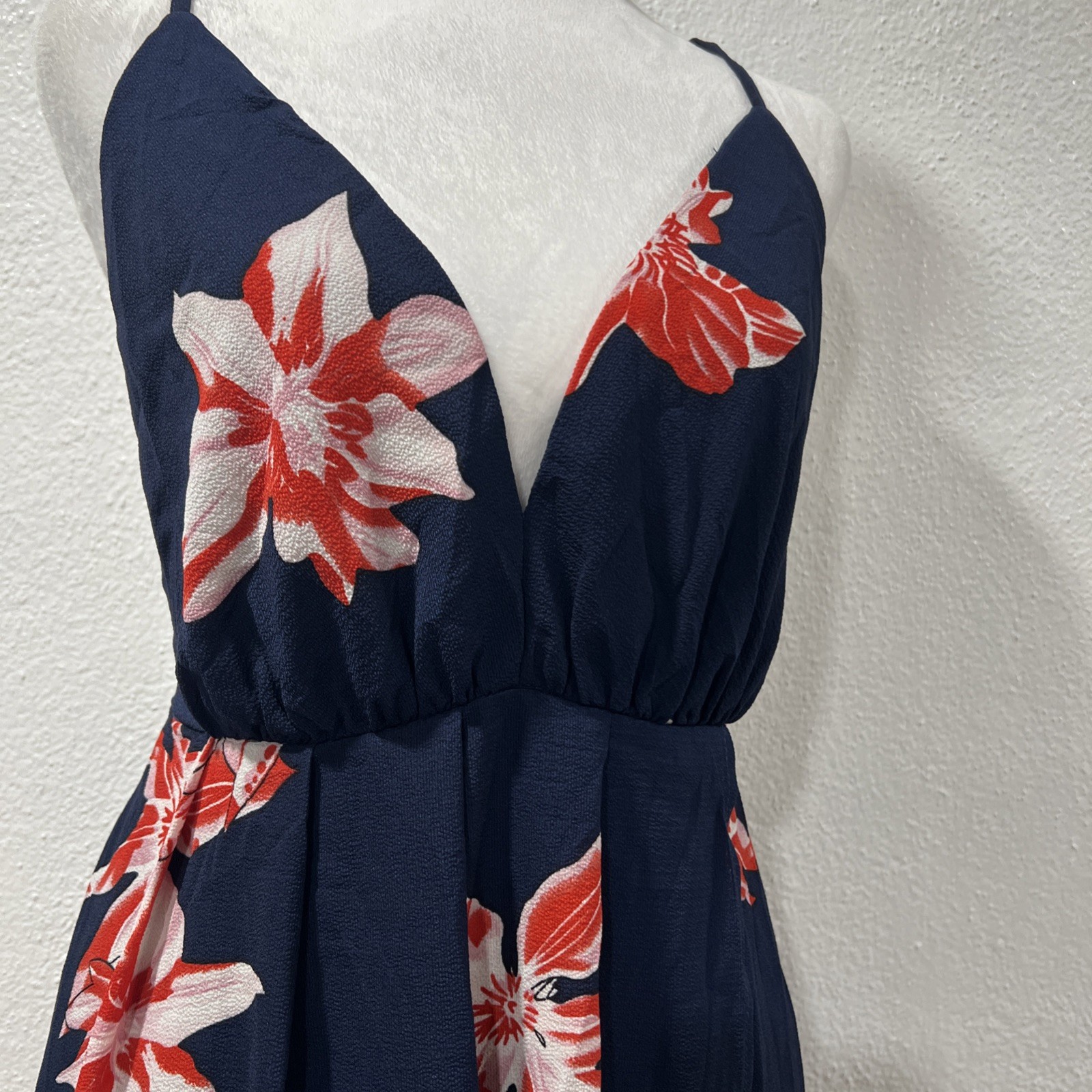 Simplee Floral Maxi Dress Large Navy Orange V-Neck Halter Mock Wrap High Slit