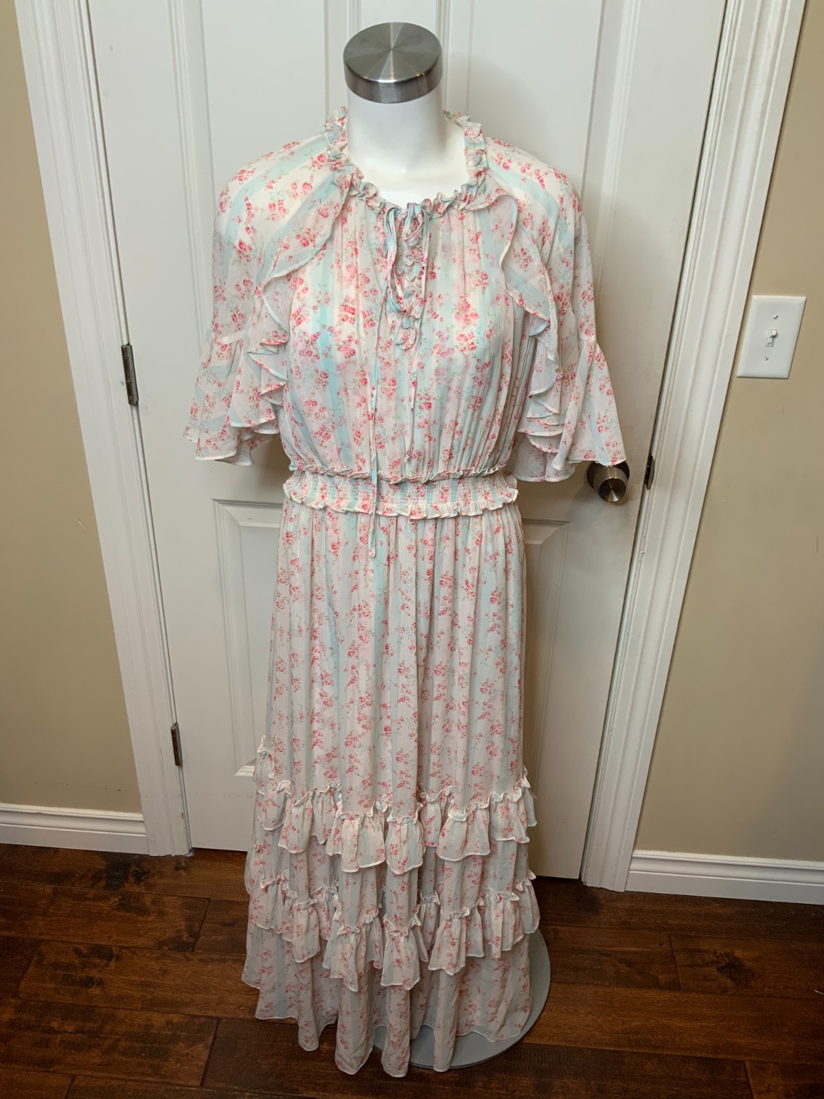 Needle & Thread Molly Blue Floral Blossom Crepe Ruffle Maxi Dress, Size 8