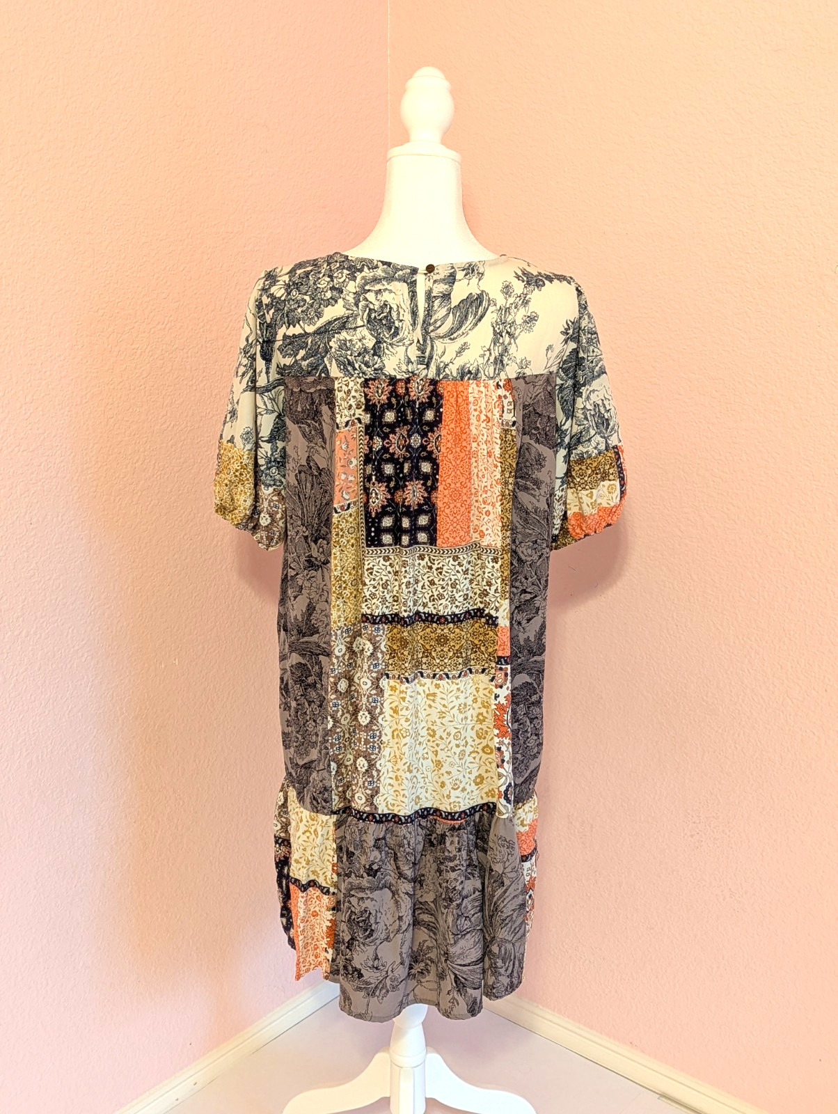 Ces Femme Patchwork Print Boho Swing Dress Puff Sleeve Women’s M