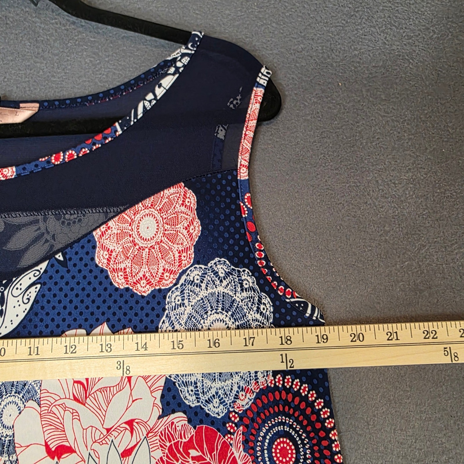 SJS Red White Blue Floral Mandala Sleeveless Mesh Inset A-Line Dress Large