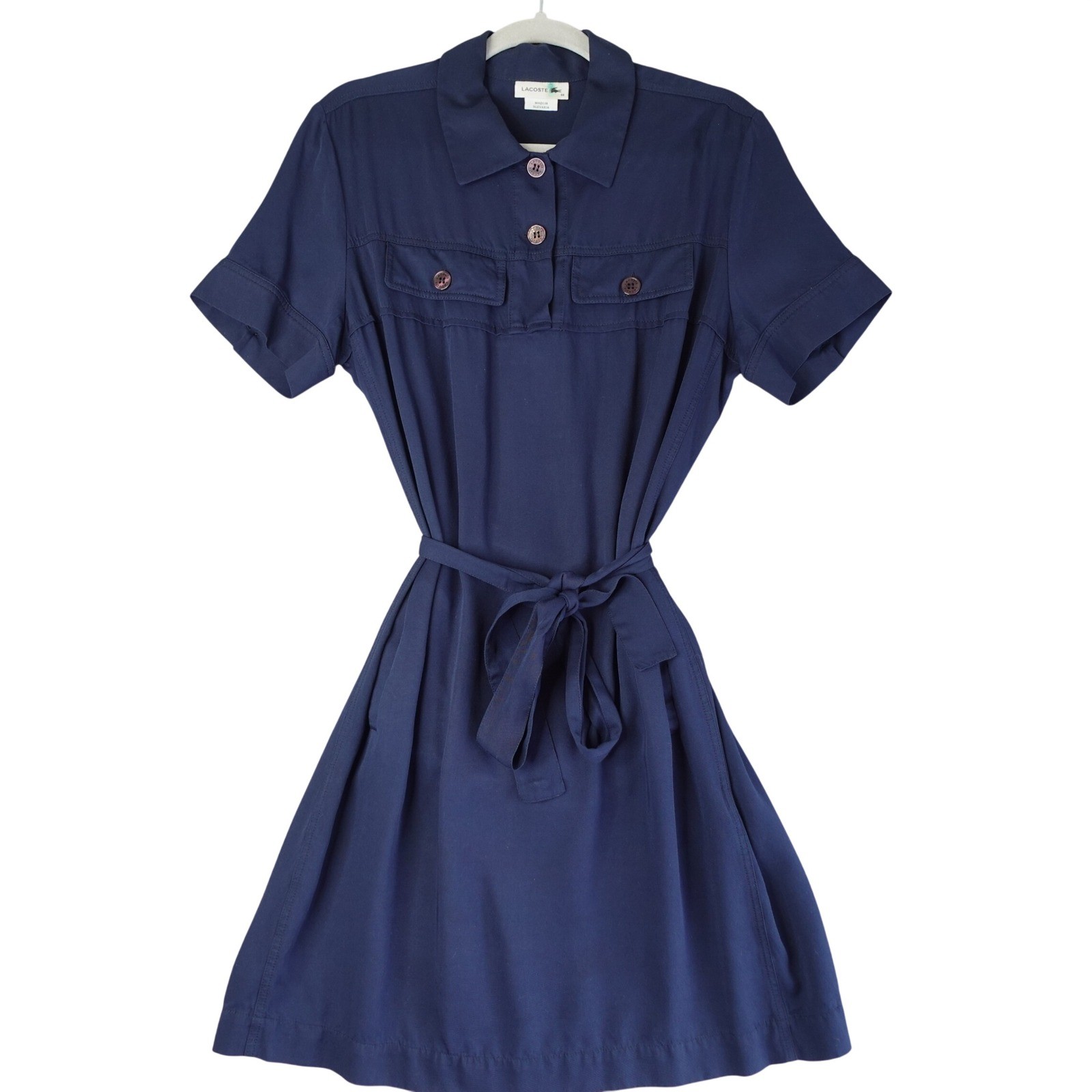 Lacoste Womens Shirt Dress 46 Navy Blue Short Sleeve Belted Button Up Tennis