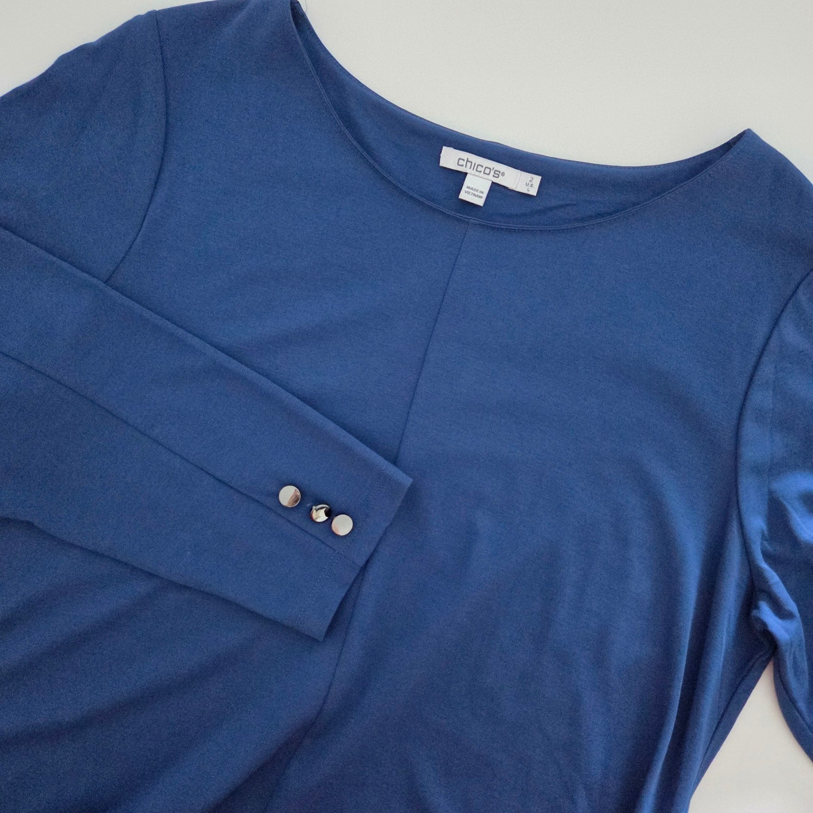 Chicos Navy Blue Long Sleeve Maxi Dress Boat Neck Button Cuff Size 2