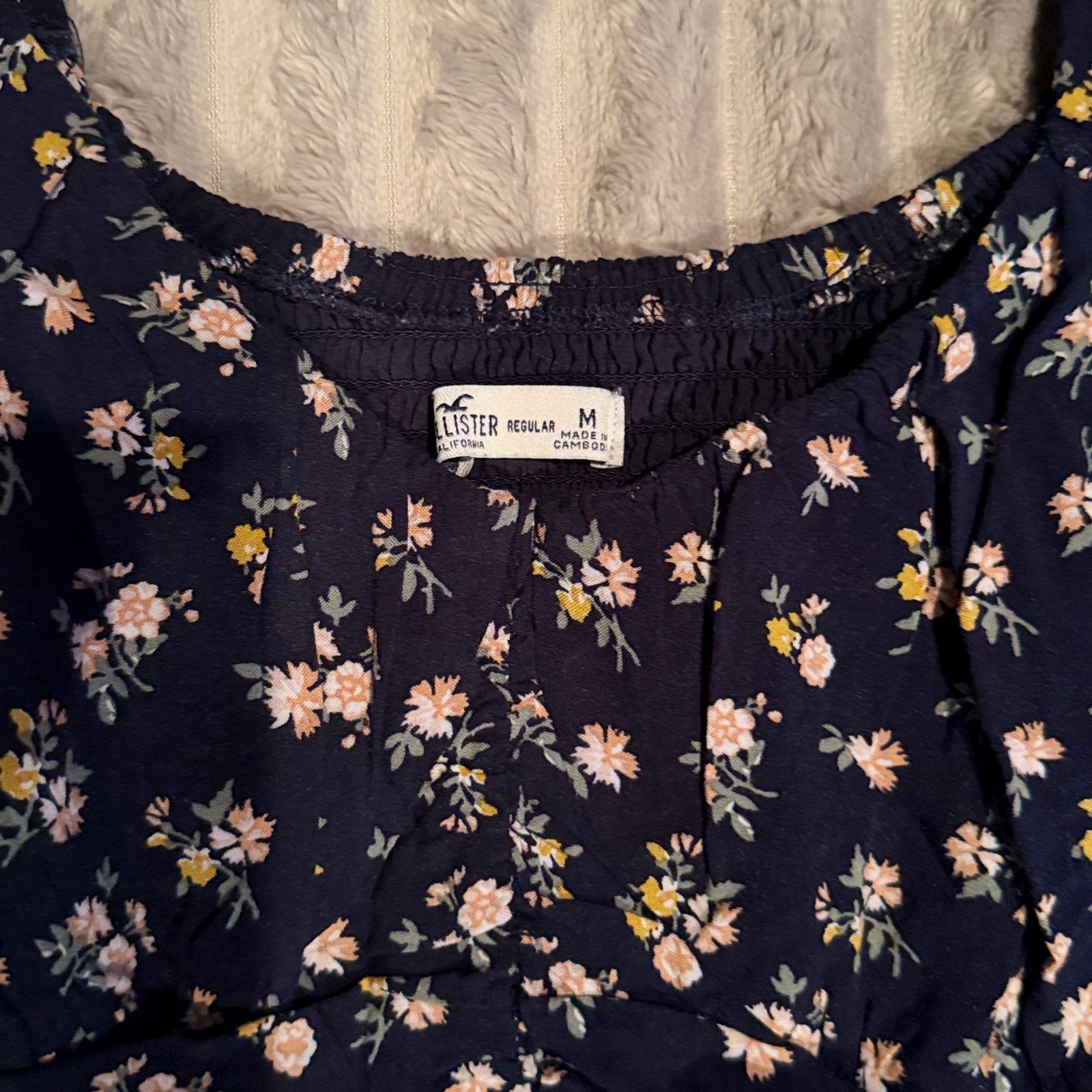 Hollister Navy Floral Smocked Back Puff Sleeve Mini Dress Women M Cottagecore
