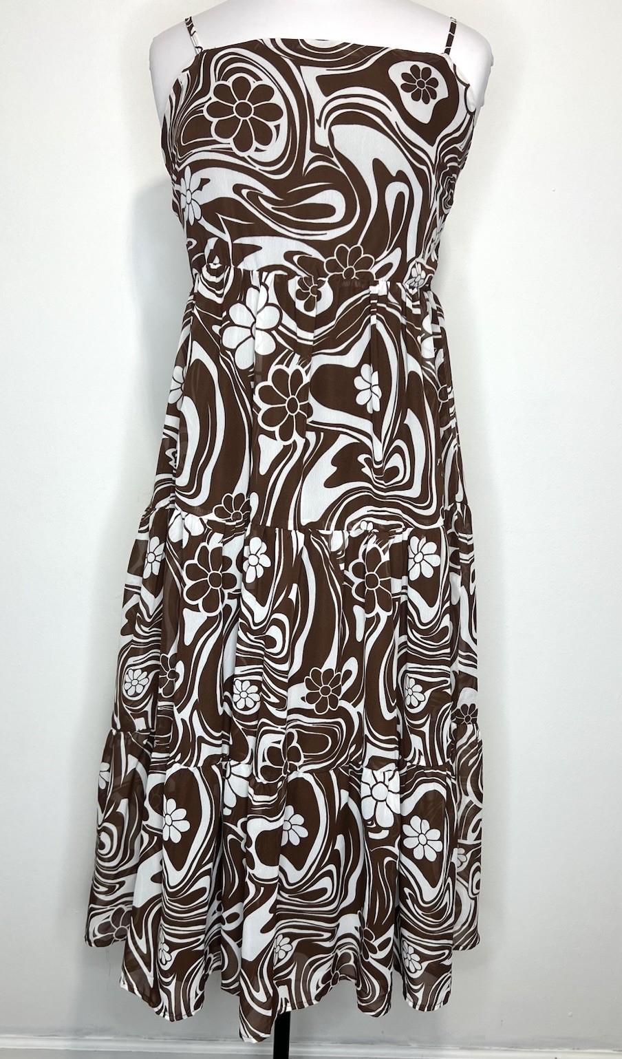 Justify Dress Women L Brown White Floral Boho Midi Spaghetti Strap Smocked Back