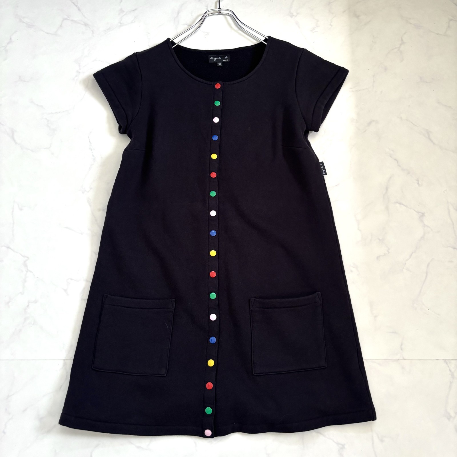 Agnes b. Y2K Black Cotton Fleece Mini Dress Colorful Buttons T3 Made in Japan