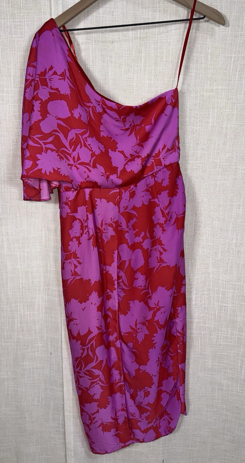DO+BE One Shoulder Floral Midi Dress Pink Red Ruched Tulip Hem GY0612QYC Size L