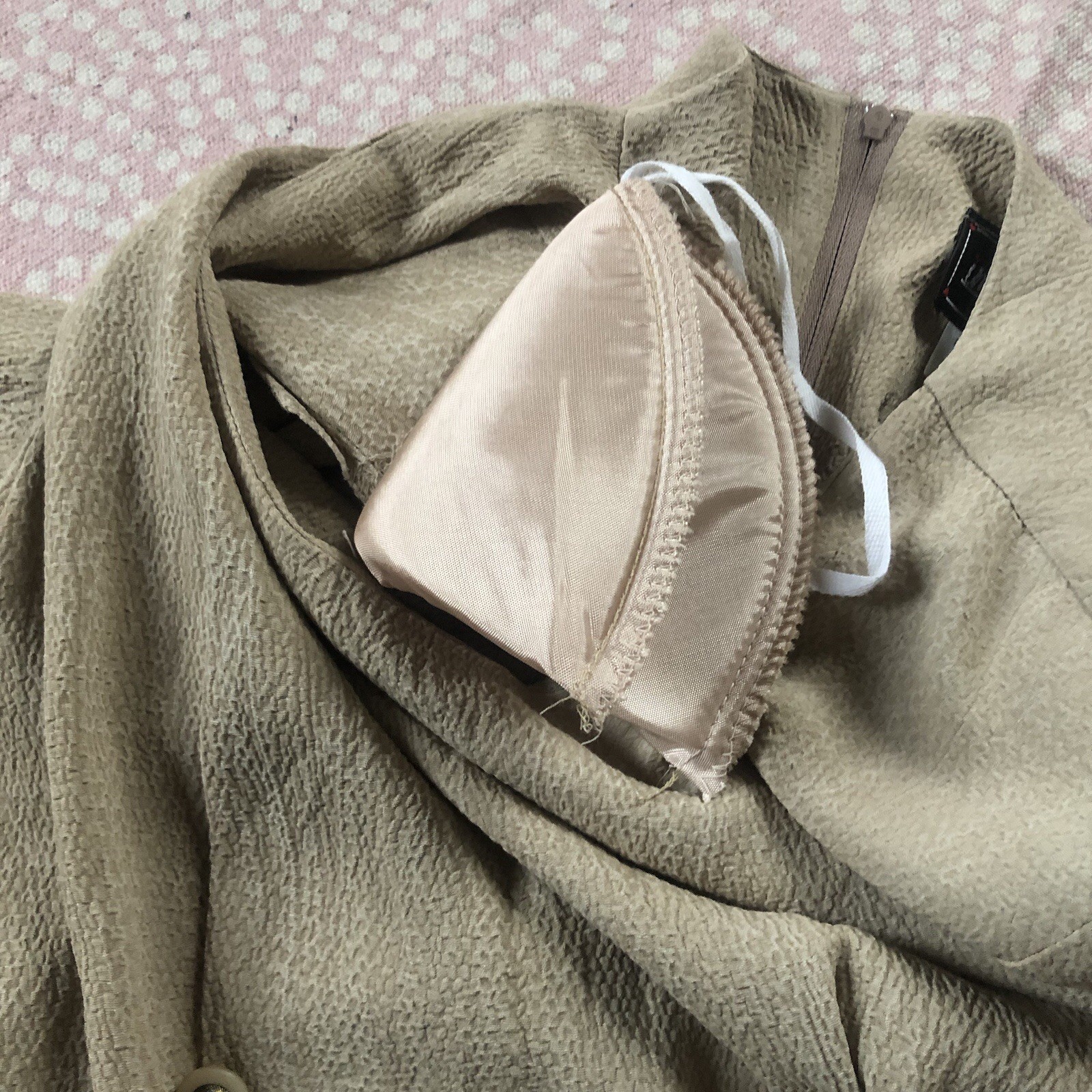 Vtg Impulsive Sand Beige Crepe Long Slv Dress Buttons Shoulder Pads Lux Coastal