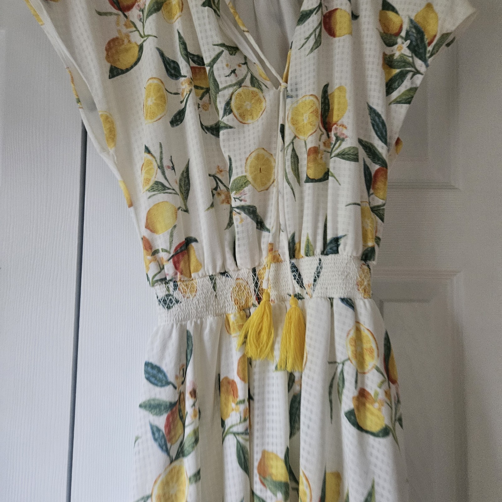 Ophelia Roe Women’s Short Sleeve Chiffon Smocked Waist Lemon Print Dress Size S