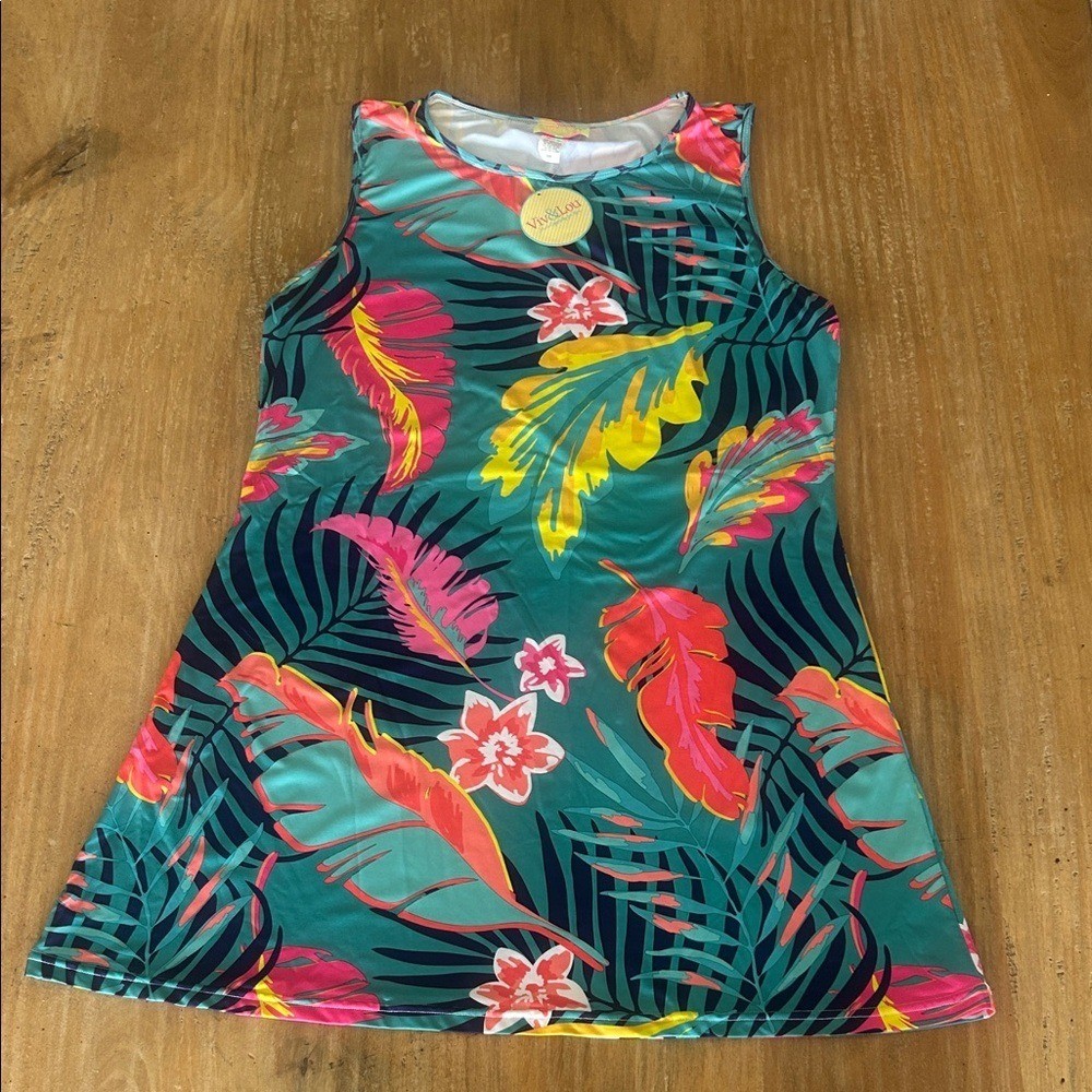 Tropical Print Sleeveless A-Line Dress Floral Summer Sundress Women’s S/M