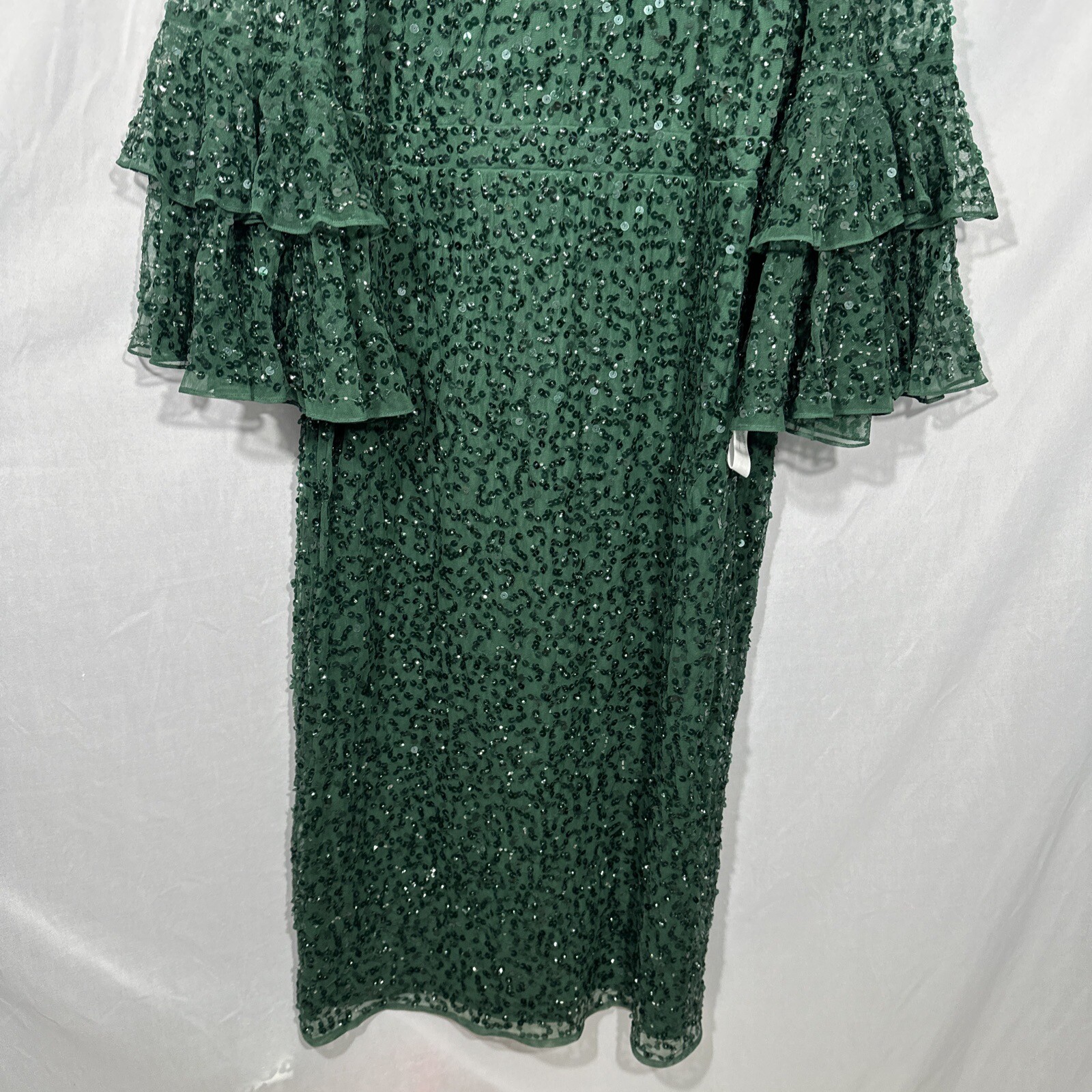 NWT $458 Mac Duggal [ 18 ] Sequined Ruffle Tiered Midi Dress Emerald #G1281