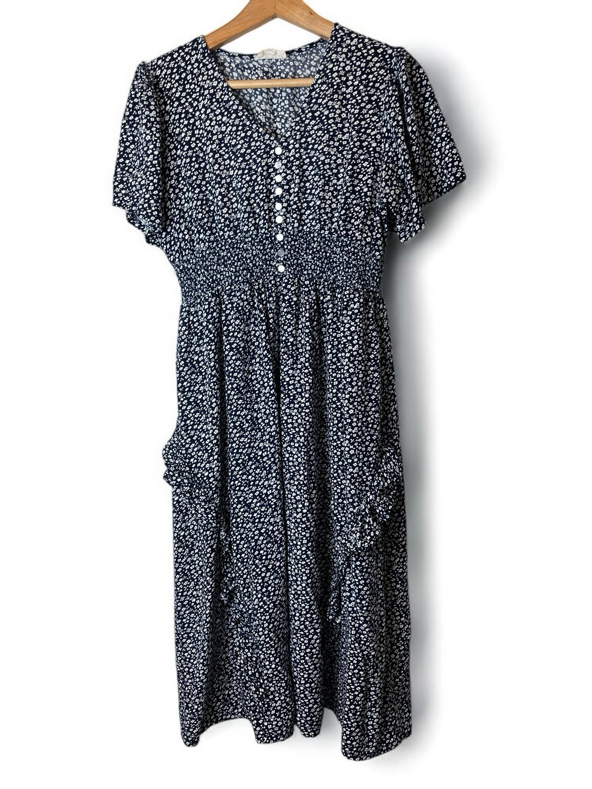 Violet Skies Maxi Dress Size Medium Navy Floral Ruffle Short Sleeve
