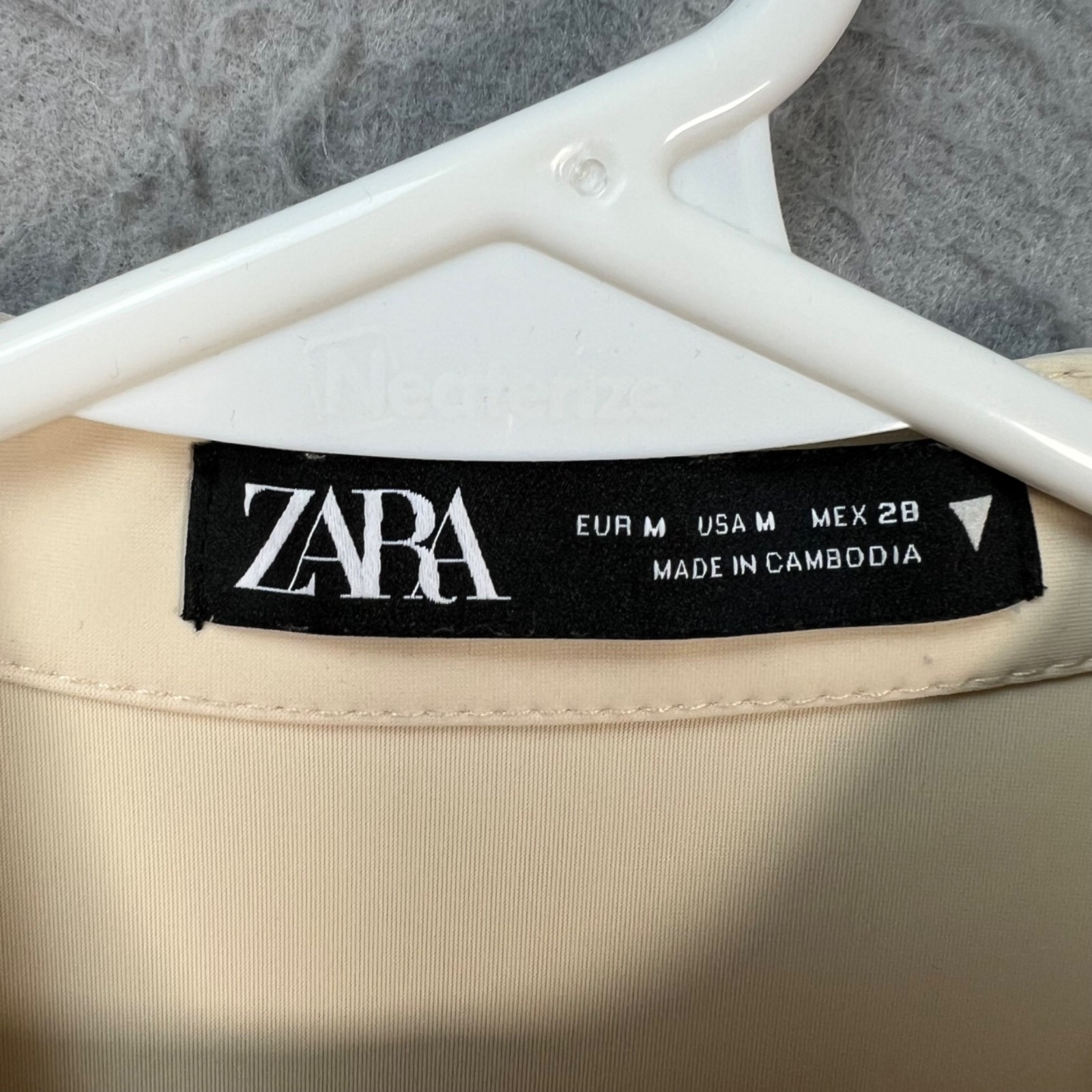Zara Womens Medium Beige Short-Sleeve Fitted Mini Dress w/ Mandarin Collar