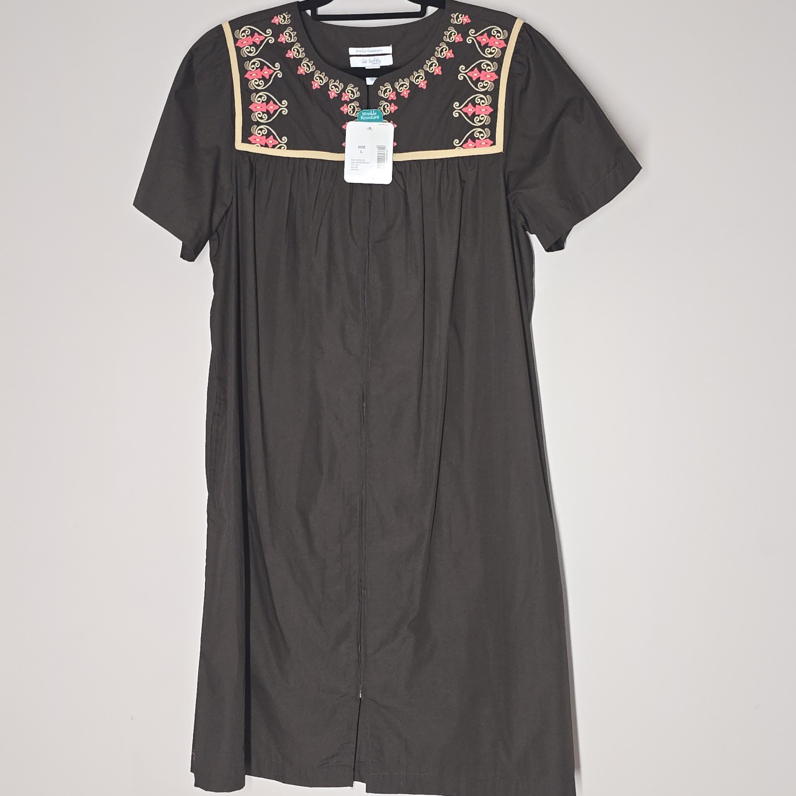 NWT Go Softly Zip Front Duster Patio Dress Womens L Brown Wrinkle Resistant