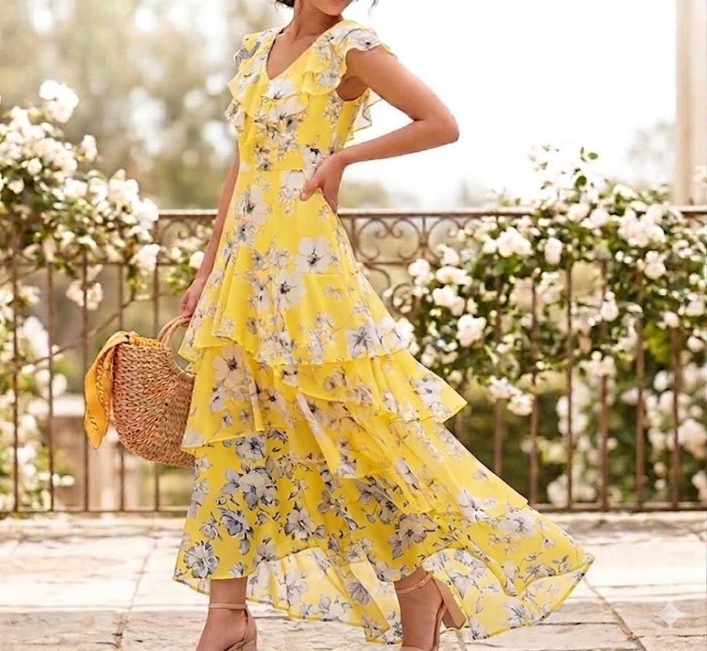 Shelby & Palmer Yellow Floral Tiered Maxi Dress Size 10 High-Low Ankle Length