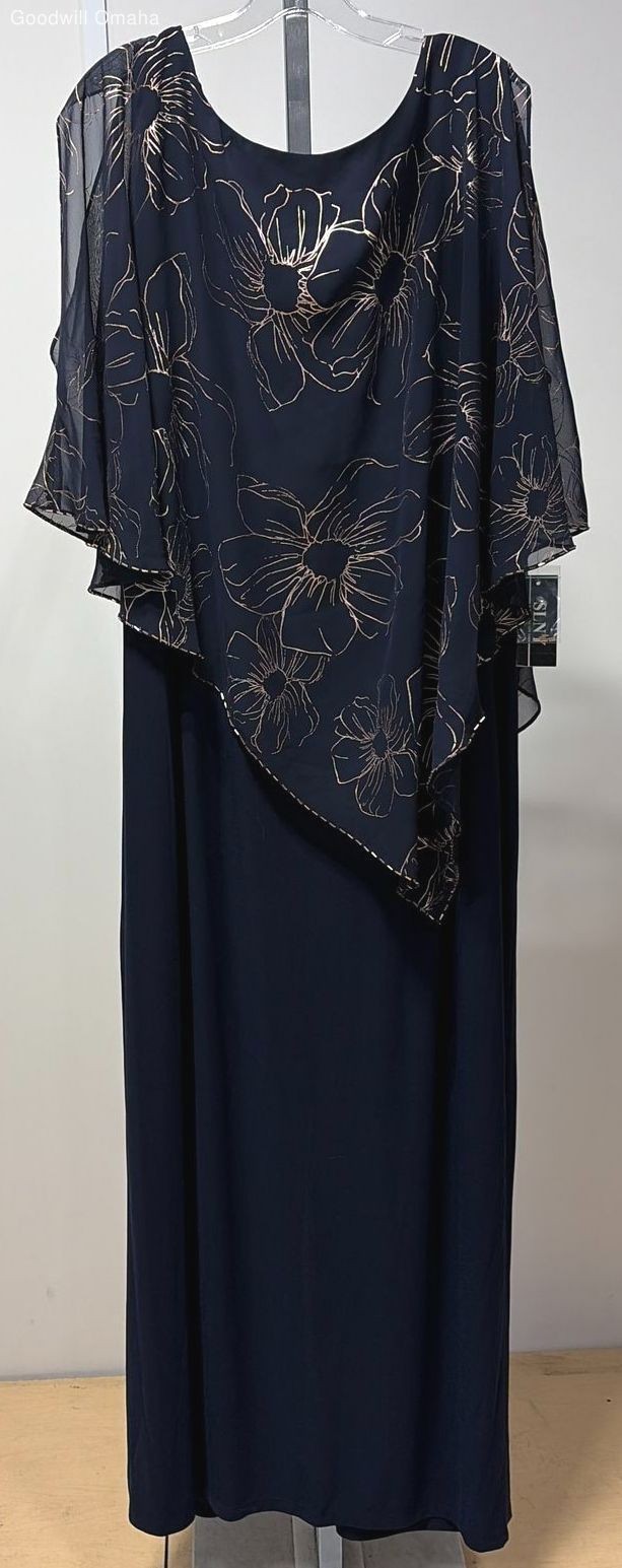 SLNY Women’s Size 22W Navy/Rose Gold Floral Print Overlay Maxi Dress NWT