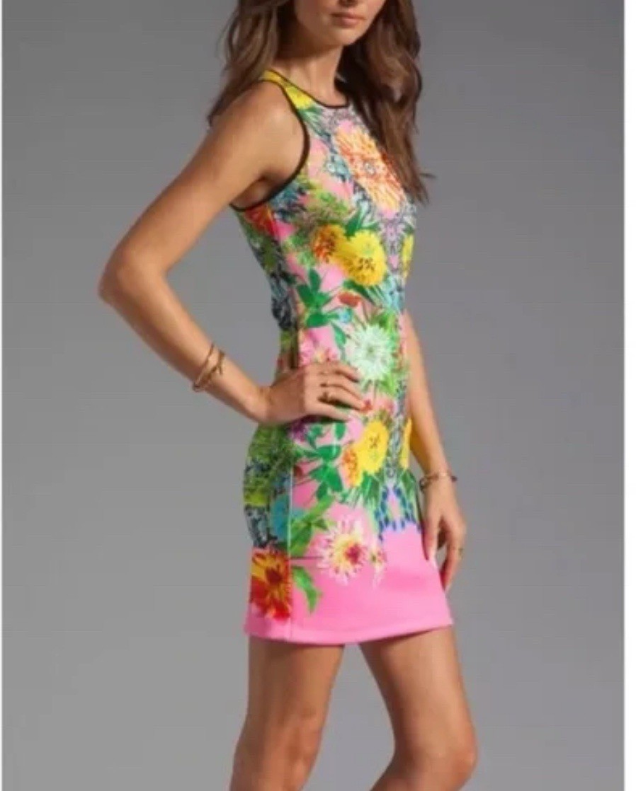 NWT CLOVER CANYON Large Turquoise Valley Digital Print Bodycon Mini Dress Flora
