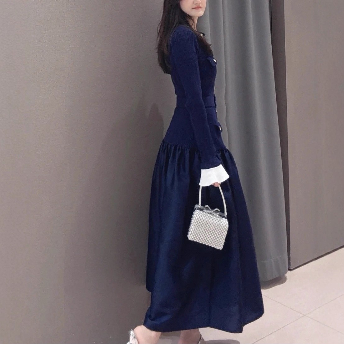 Self-Portrait Womens Autumn Winter New Temperament Knitted Satin Dress