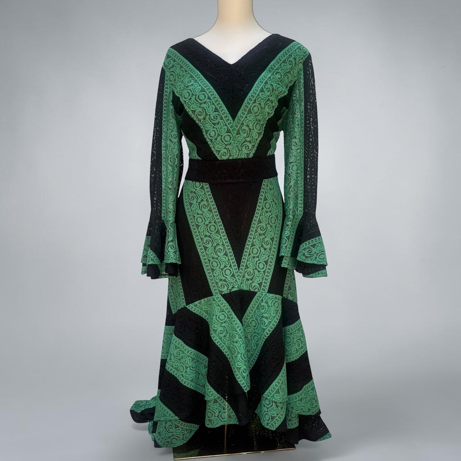 Giovanna Signature Lace Maxi Dress 12 Green Black Bell Sleeve V-Neck Goth Formal