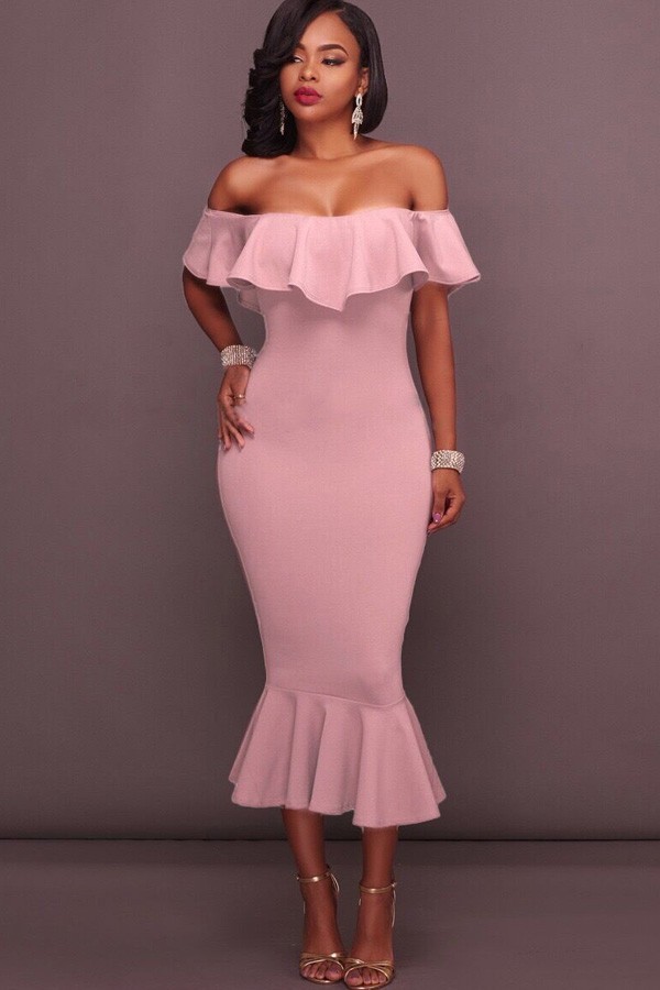 Pretty in Pink: Off-Shoulder Ruffled Mermaid Midi Party Dress