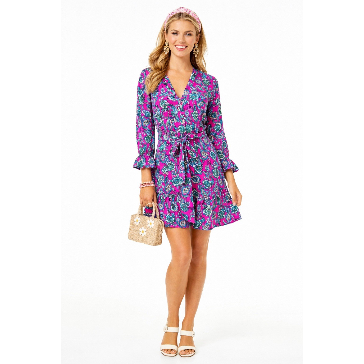 CeCe Womens Pink Floral Paisley V-Neck Tie Waist Ruffle Sleeve Dress Size M NWT