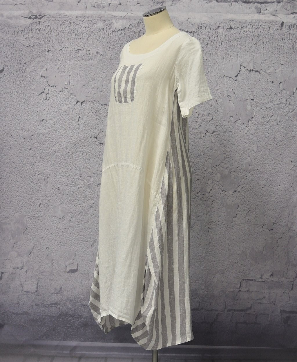 LUUKAA Linen 8Y0524 Lagenlook Light Linen STRIPE POCKET DRESS (sizes 6-10) WHITE