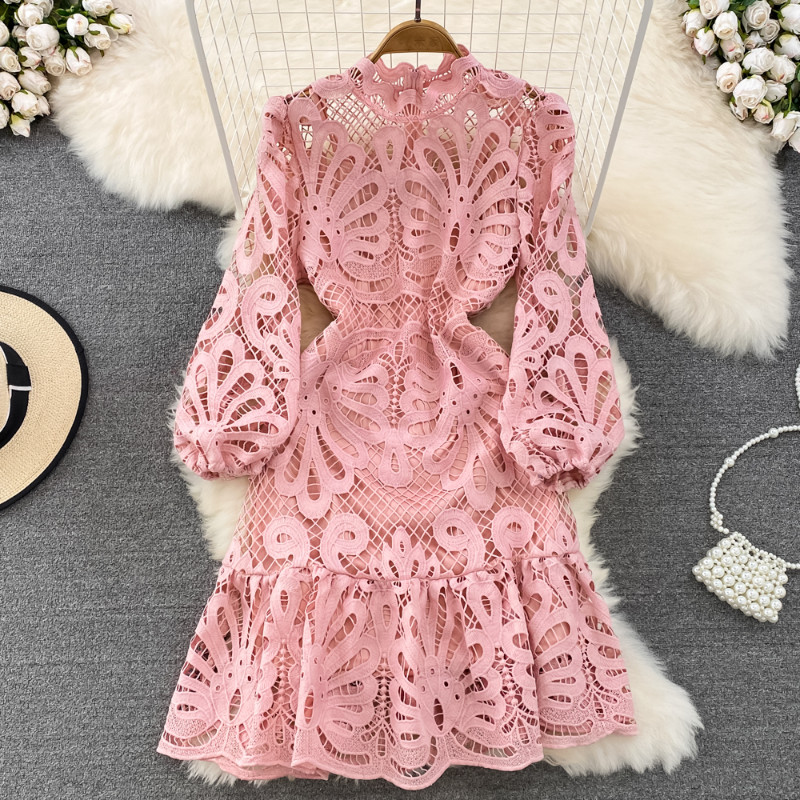 Women Puff Long Sleeve Ruffle Lace Midi Dress Hollow Out Retro Elegant New Dress