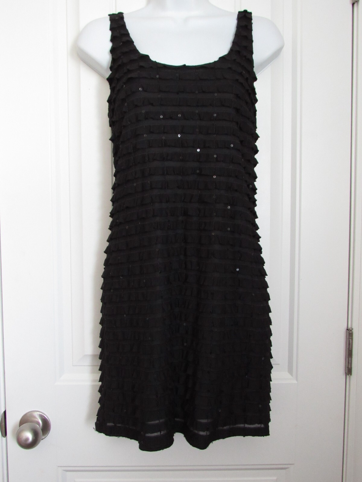 Gibson ~ Sleeveless Scoop Neck Black Ruffle Sequin Short Dress ~ M